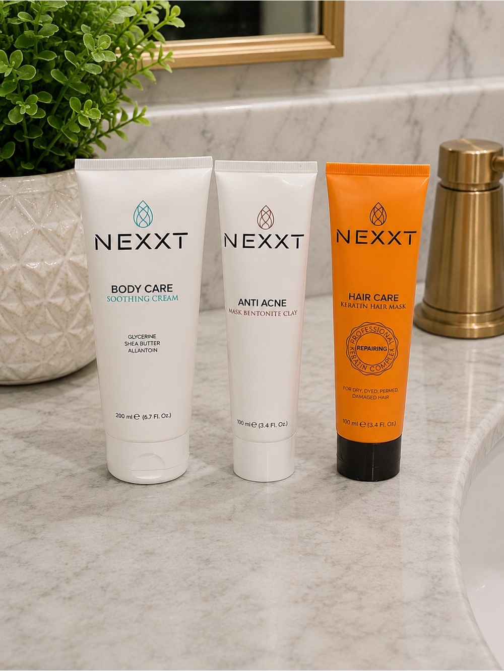 NEXXT Hair & Body Care 3-Piece Set – Body Cream, Anti-Acne Clay Mask & Hair Mask